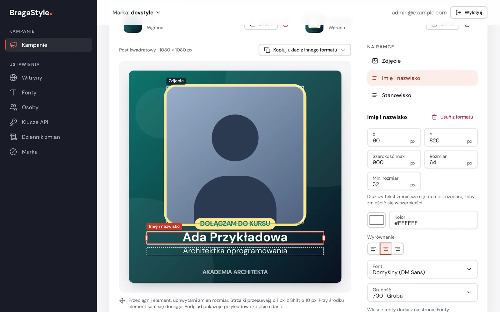 Edytor ramki w panelu BragaStyle: przykładowa ramka kwadratowa z obszarem zdjęcia i polami Imię i nazwisko oraz Stanowisko, obok ustawienia pola: pozycja, rozmiar, kolor, wyrównanie i font