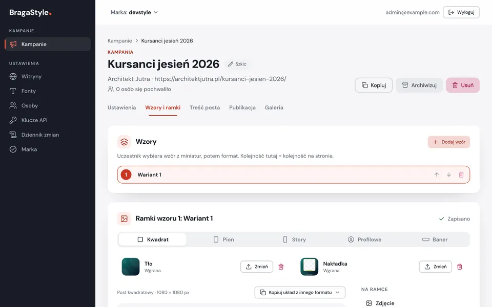 Zakładka Wzory i ramki w panelu: lista wzorów, formaty Kwadrat, Pion, Story, Profilowe i Baner oraz wgrane warstwy Tło i Nakładka
