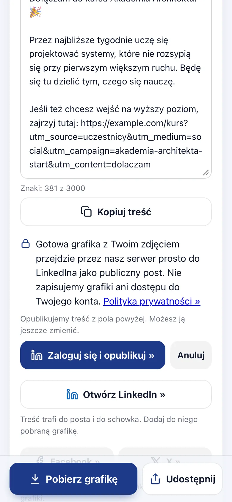 Informacja przed publikacją na LinkedIn: gotowa grafika przejdzie przez nasz serwer prosto do LinkedIna jako publiczny post, nie zapisujemy grafiki ani dostępu do konta; przycisk Zaloguj się i opublikuj