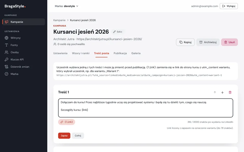 Zakładka Treść posta w panelu: tekst z polem {link}, przykład linku z oznaczeniami UTM i licznik znaków dla LinkedIna